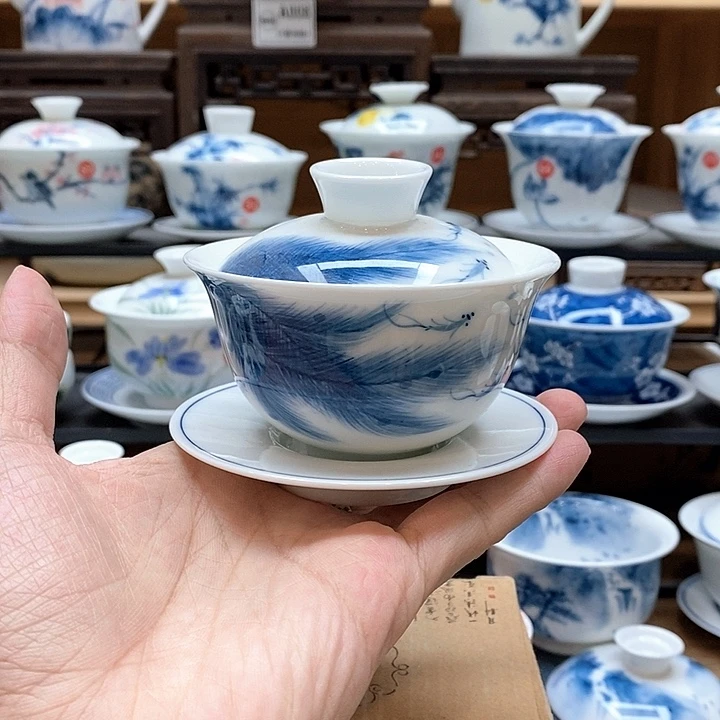 手绘孔雀翎盖碗130cc釉下彩微瑕福利款