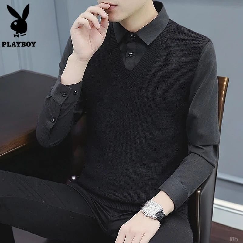 花花公子上衣男假两件秋冬季黑色休闲衫新款毛衣男款衬衫领打底衫