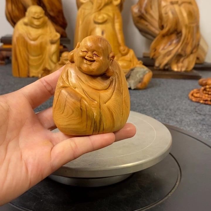柏木崖柏弥勒佛手把件小摆件