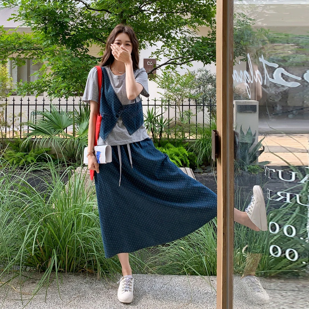 夏季ootd减龄穿搭一整套女设计感假两件上衣波点牛仔半身裙两件套