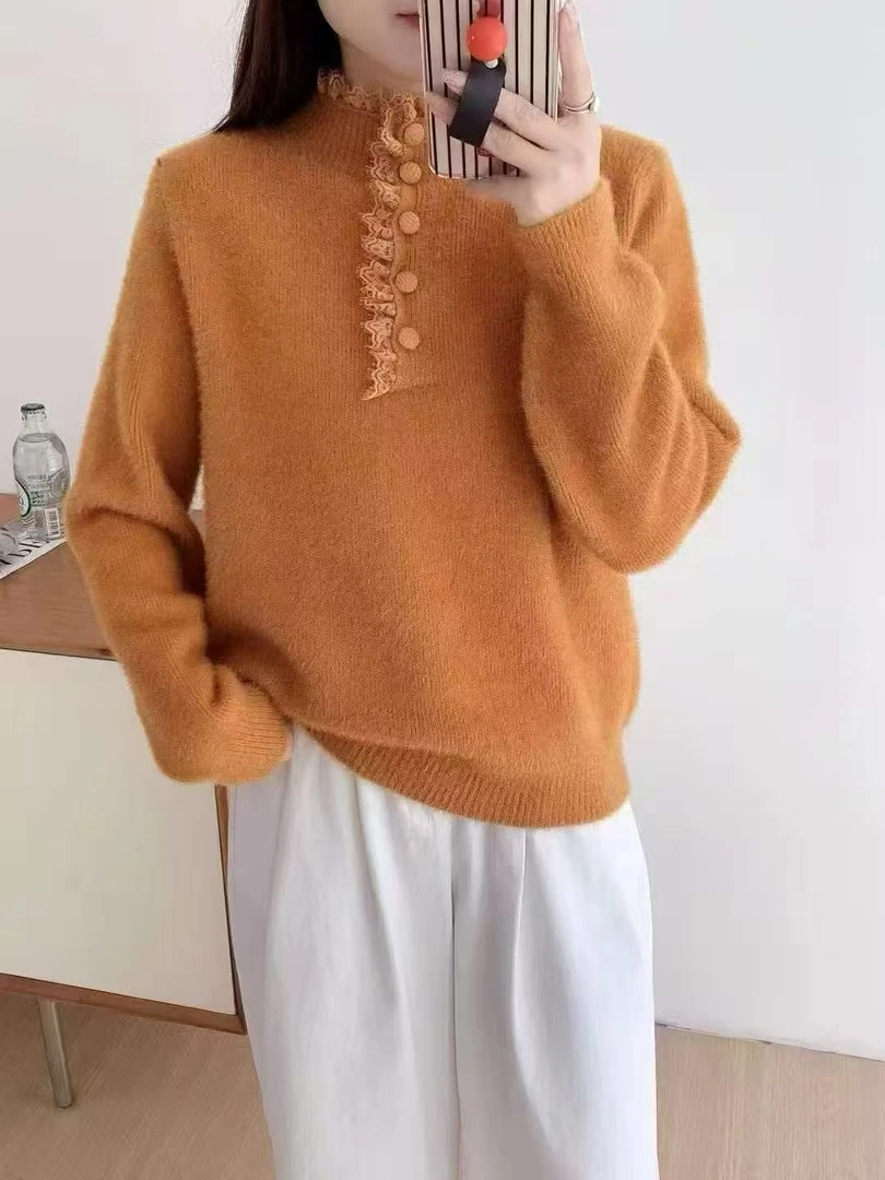 网红针织冬季新款纯色加厚不褪色ins毛衣花边圆领套头毛针织衫