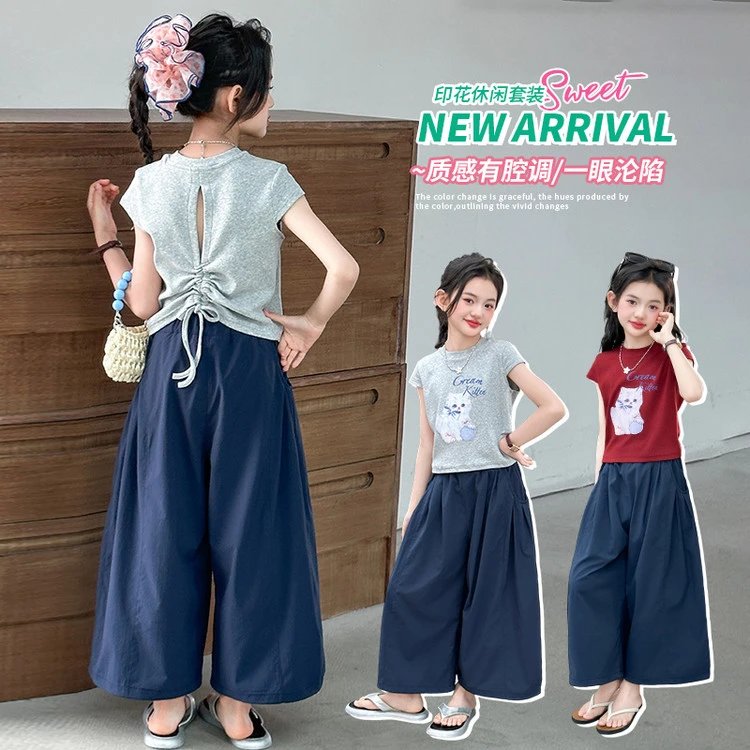 女童中大童夏季新款韩系抽绳卡通短袖阔腿裙裤两件套装爆款套装