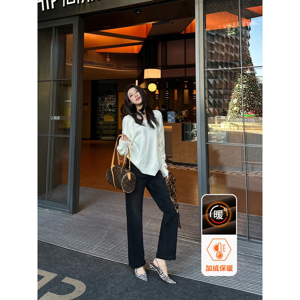 小王家/MeiLi冬款高腰显瘦加绒保暖复古女款阔腿牛仔裤黑灰休闲