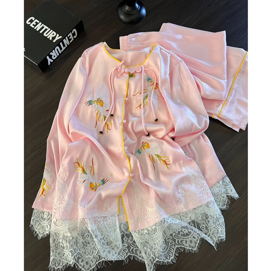 国风蕾丝边拼接盘扣带胸垫冰丝睡衣女夏季新款长袖长裤家居服套装