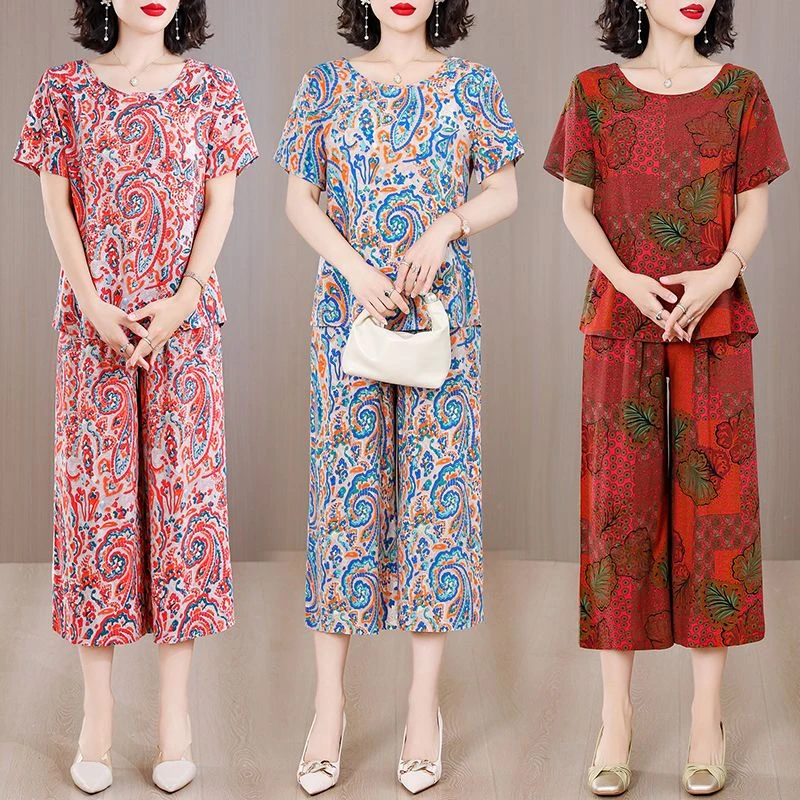 棉绸套装女夏季时尚外穿洋气显瘦宽松人造棉休闲短袖两件套阔腿裤