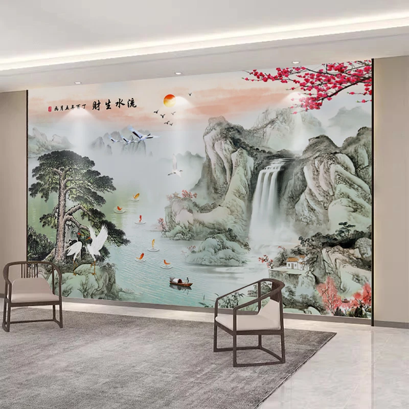 办公室壁画客厅电视背景墙壁布迎客松流水生财中式山水画壁纸墙布