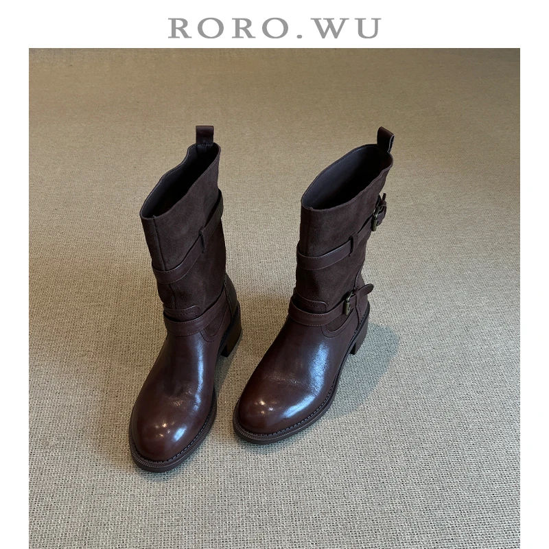 娆娆吴·头层牛皮复古皮带扣圆头中筒靴冬季新款粗跟骑士靴女Z129