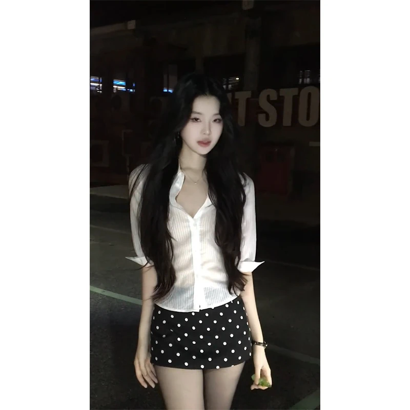 网红洋气炸街女装半袖翻领条纹衬衫短款上衣波点半身裙性感包臀裙