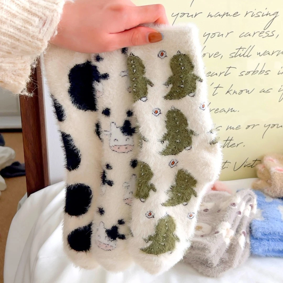 秋冬加绒仿貂绒袜子女保暖加厚奶牛居家毛绒袜子地板袜毛毛袜