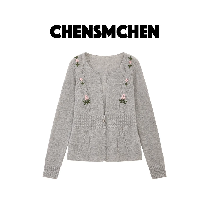 CHENSMCHEN 100山羊绒重工钩花开衫女休闲百搭显瘦上衣CSW6135SL