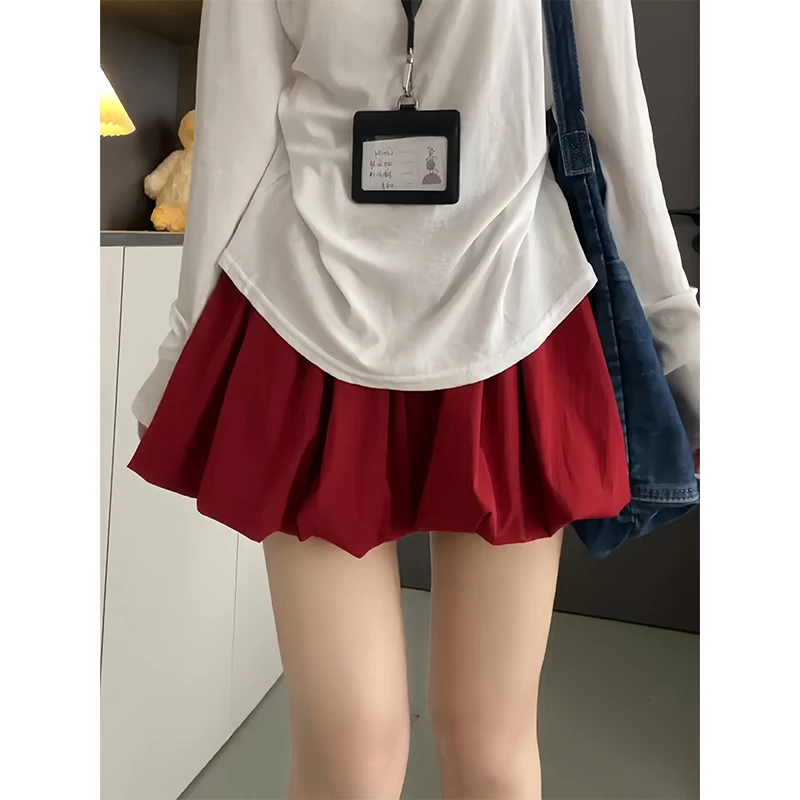 夏季辣妹红色a字花苞短裤女小个子防走光阔腿宽松百褶南瓜短裙薄
