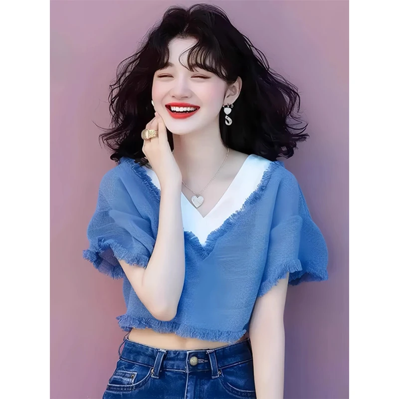 蓝白撞色v领流苏短袖t恤今年流行漂亮独特超好看小众设计上衣女夏