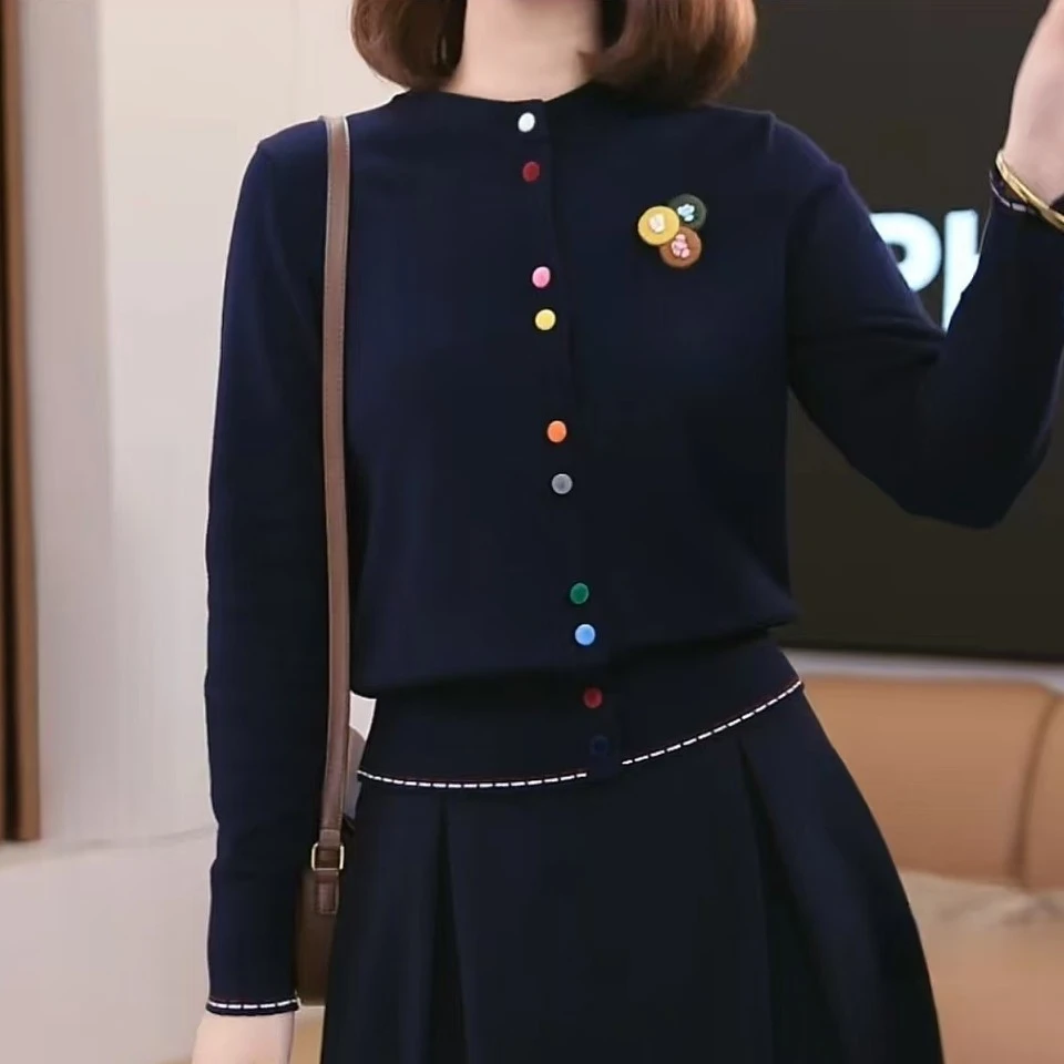 长袖针织学院风毛针织衫上衣圆领衫蓝色刺绣经典