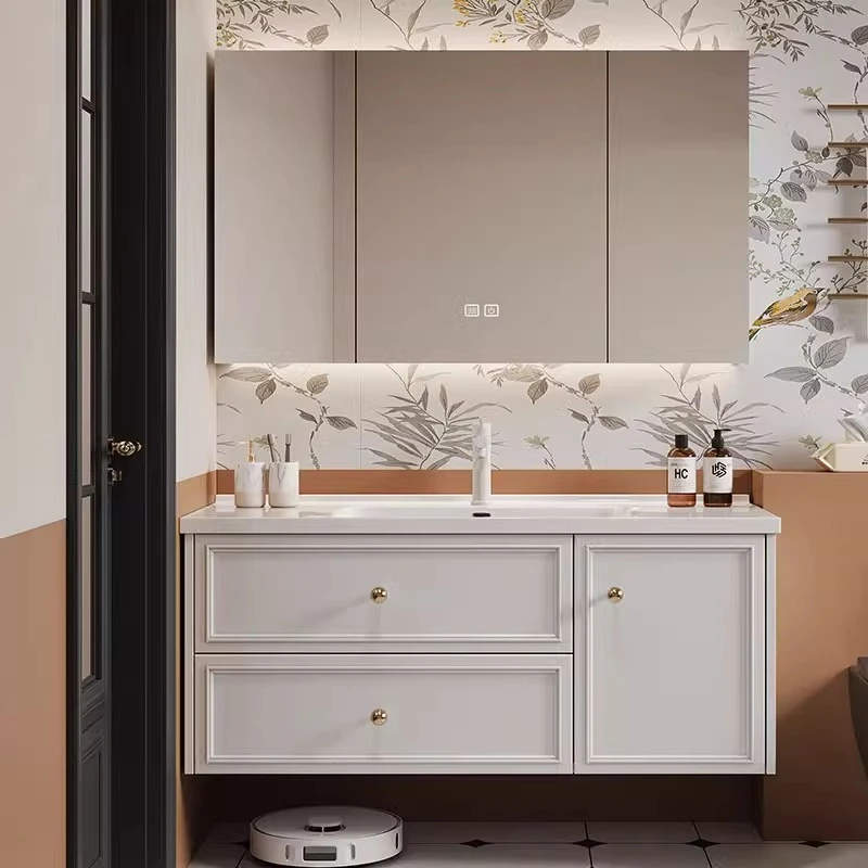 法式现代简约浴室柜组合岩板陶瓷一体盆洗手脸盆柜卫生间洗漱台池