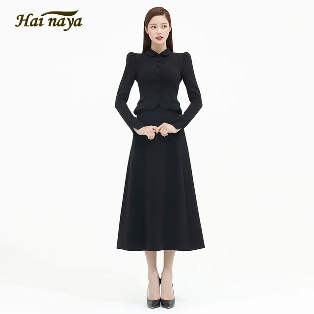 复古套装女25春秋法式名媛高雅色小翻领修身荷叶摆外套潮流长裙