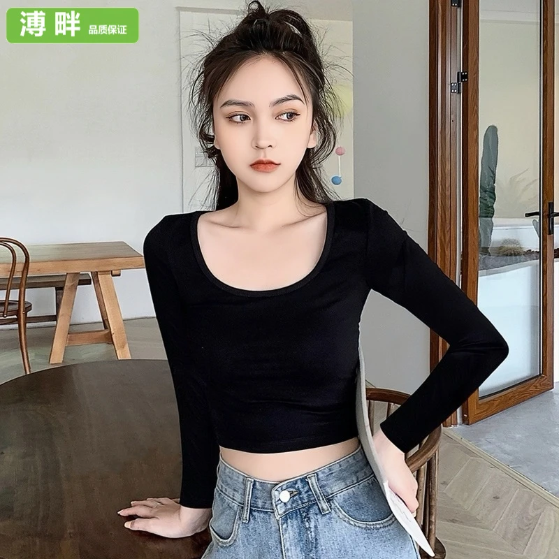 溥畔韩系法式黑色圆领打底衫女内搭2025春秋冬新款长袖t恤低领上