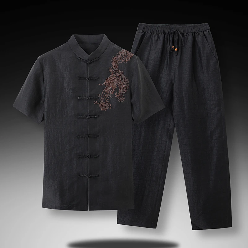 桑蚕丝真丝100%香云纱男装高端唐装男士短袖套装新中式透气爆款潮