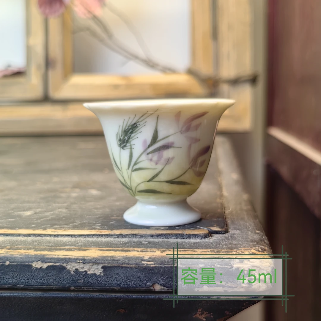 草木灰手绘鸢尾花花口高脚杯釉下彩高温瓷茶杯品茗杯客杯主人杯