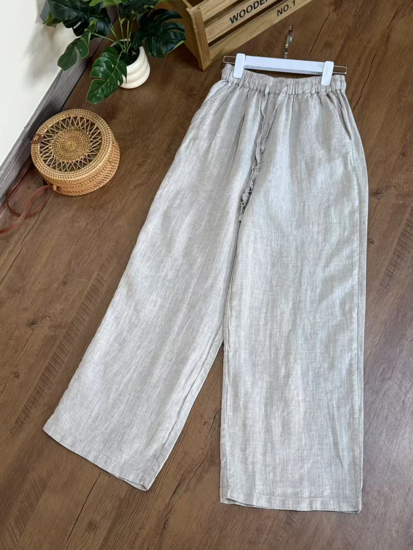 【云目悠悠】亚麻休闲百搭时尚显瘦纯色直筒裤-2025148