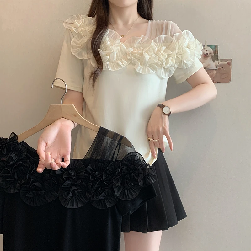 高级感立体花朵短袖t恤女夏季微胖大码显瘦上衣拼接网纱打底衫潮