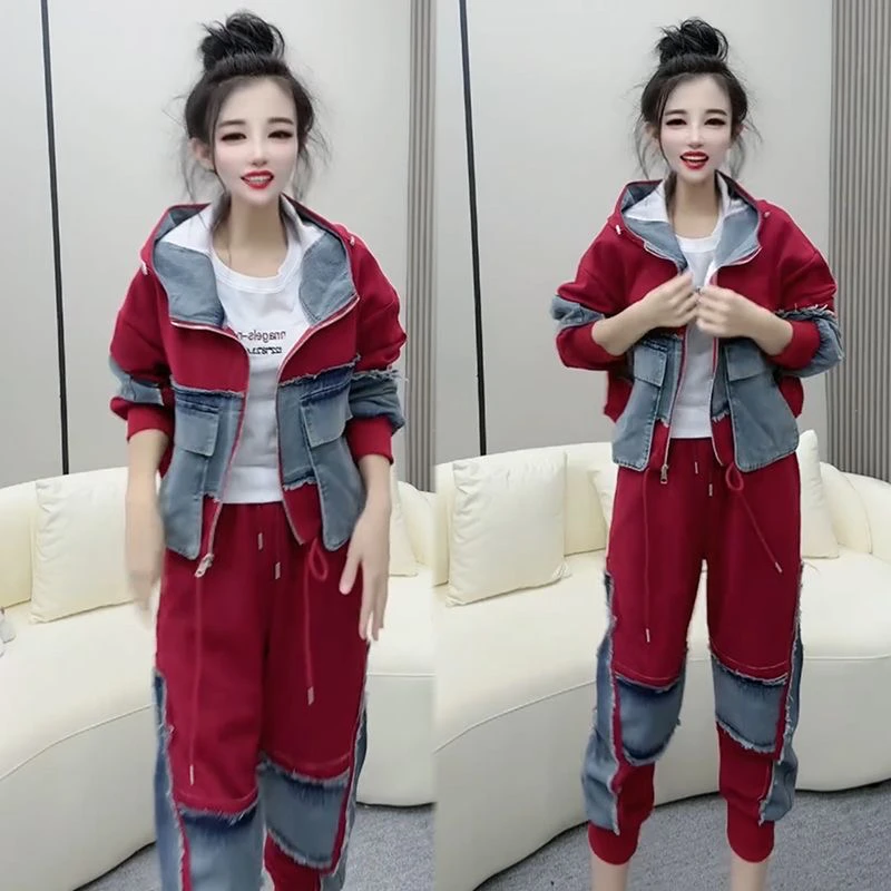 时尚套装2025女新款韩版宽松大码显瘦春季牛仔拼接外套洋气两件套