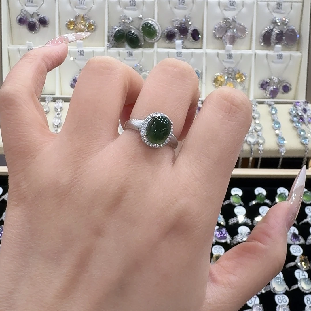 静***沫蛇纹石玉银S925镶嵌戒指