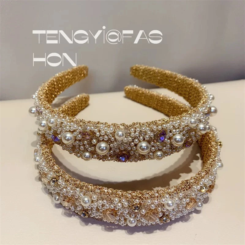 精品韩国轻奢高级感紫色钻珍珠个性发箍女小香风网红金线缠绕头箍