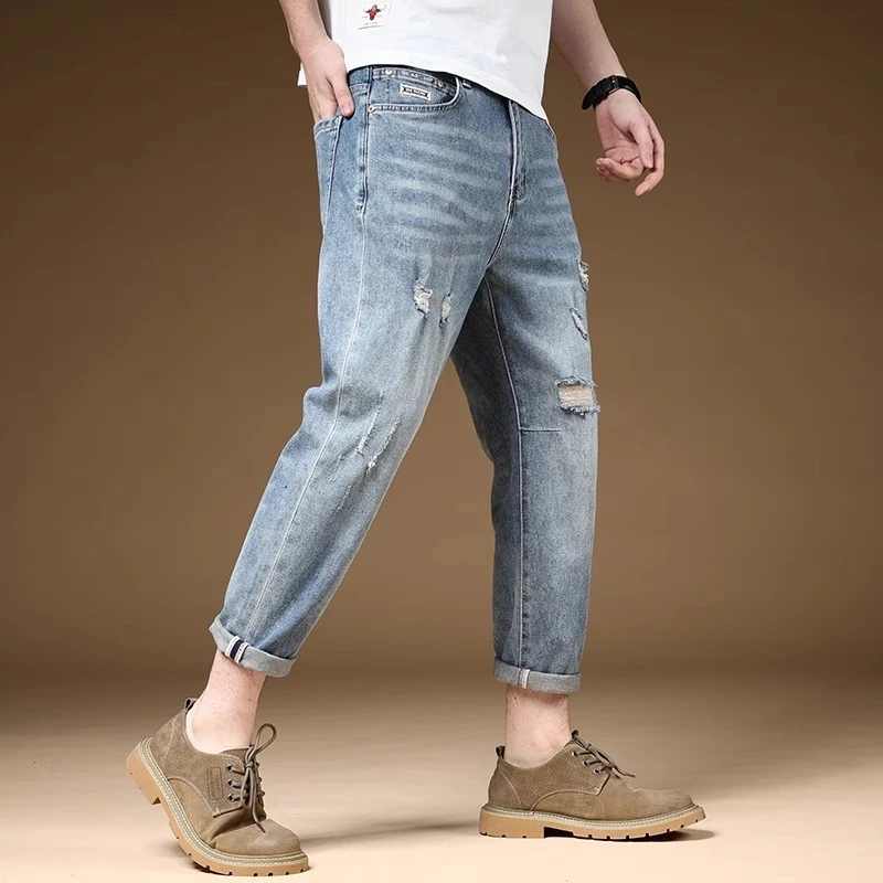 破洞牛仔裤男夏季薄款浅蓝色弹力休闲9分裤八分九分裤子潮流百搭