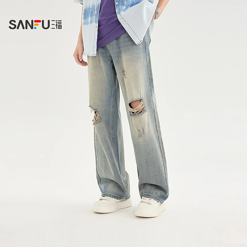 三福2025夏季男士破洞大直筒牛仔裤 街潮时尚阔版长裤男499995