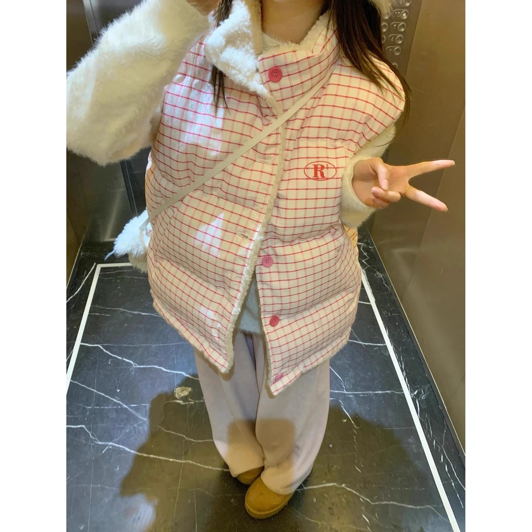 秋冬加厚洋气时尚百搭保暖上衣小香风格纹马夹 设计感美式复古羊