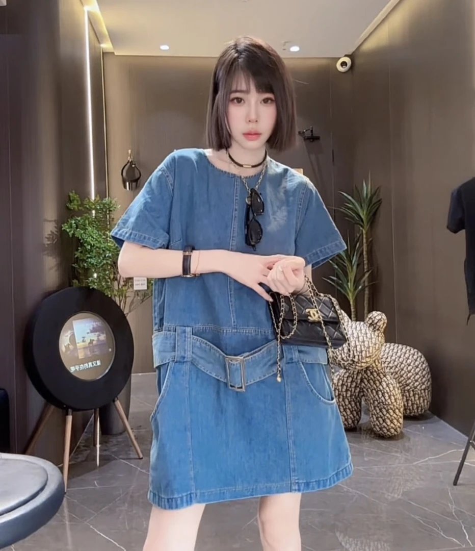 MMD夏季牛仔裙女感简约女神范收腰显瘦气质牛仔短袖连衣裙A209
