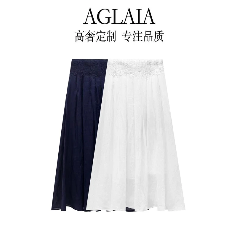 AGLAIA2025夏季立体手工绣花压褶宽松高腰显瘦高腰时尚半身裙8032