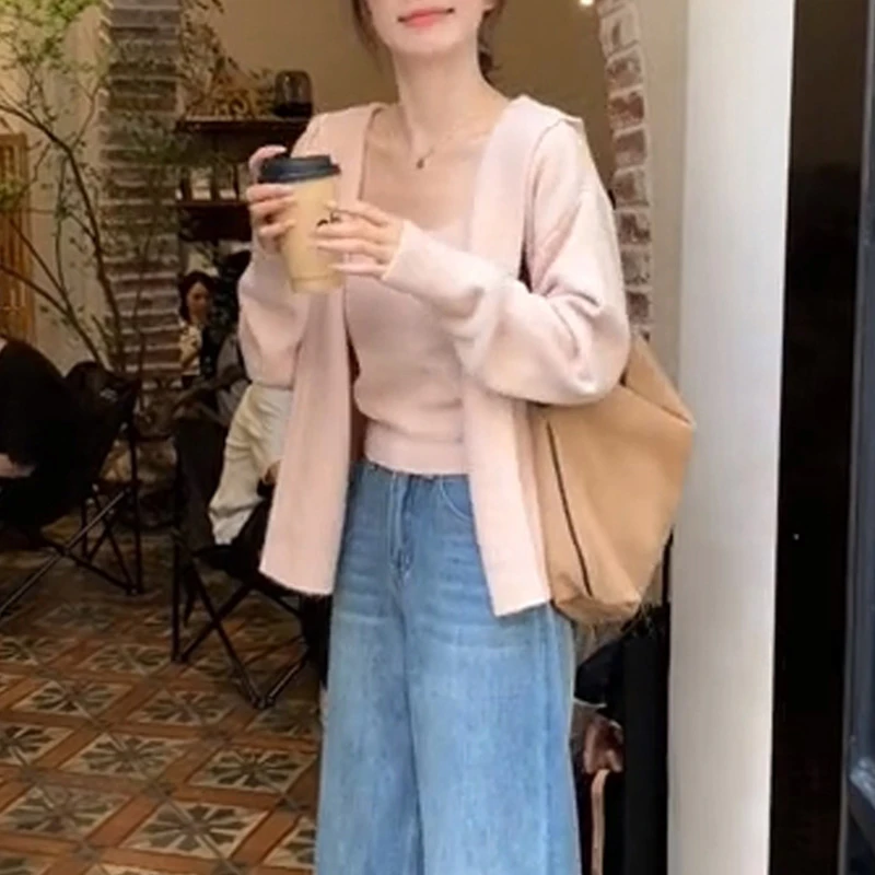 秋季氛围感穿搭蓝色长袖针织开衫小外搭女2025新款韩系上衣两件套