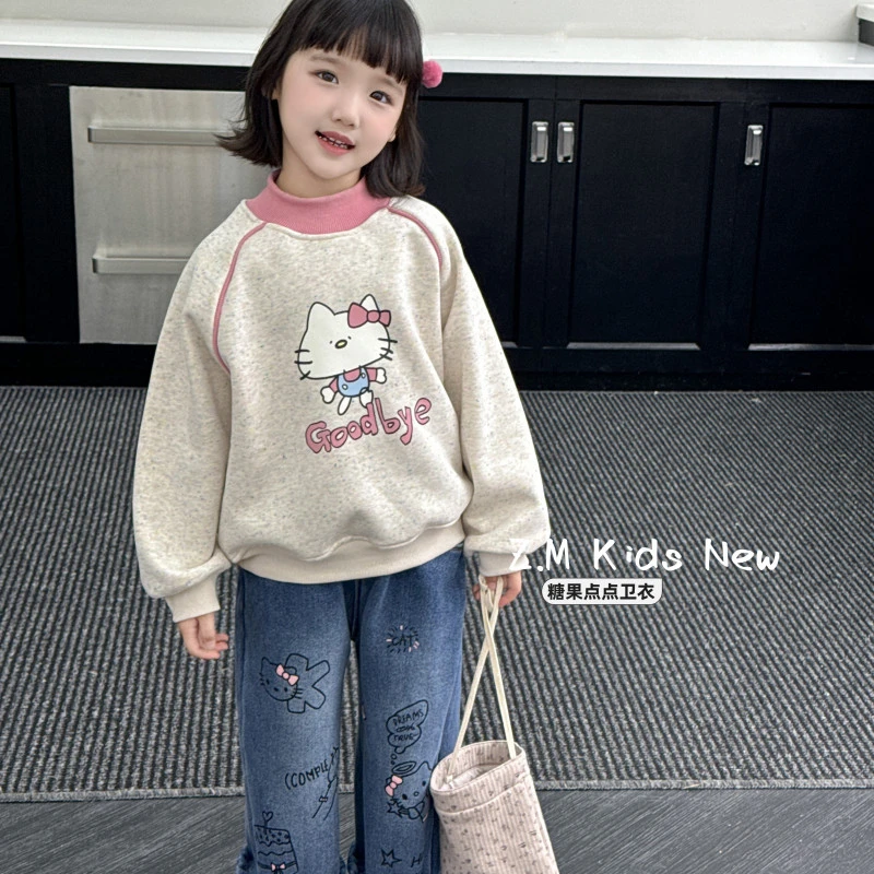 【糖果点点】女童加绒卫衣冬洋气螺纹领彩波印花猫咪G-126399