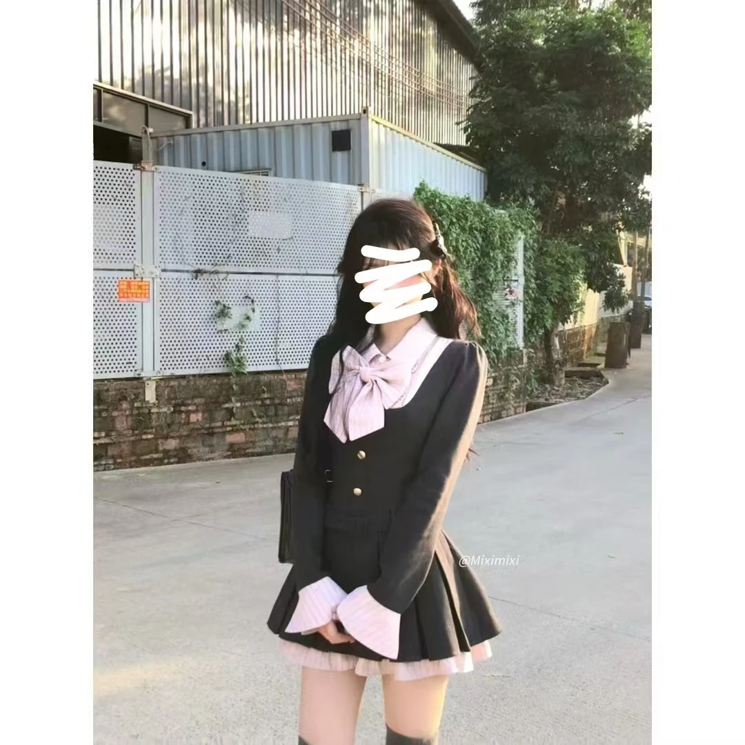 jk学院风拼接连衣裙设计感长袖春秋辣妹显瘦甜美短裙时尚气质