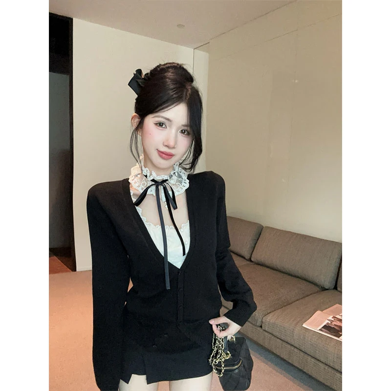 2025秋季新款纯欲辣妹风蕾丝花边吊带背心上衣v领针织开衫两件套