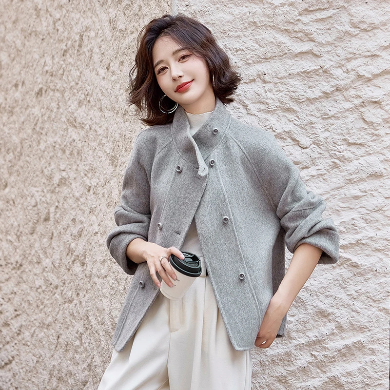 女式毛呢外套秋冬新款宽松显瘦洋气立领双排扣中长款羊毛外套短款