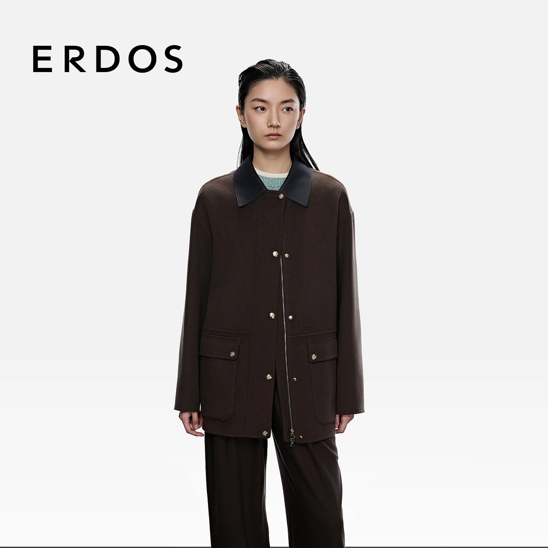 【羊绒外套】ERDOS 女士羊绒工装外套25年早秋新品皮领廓形外套