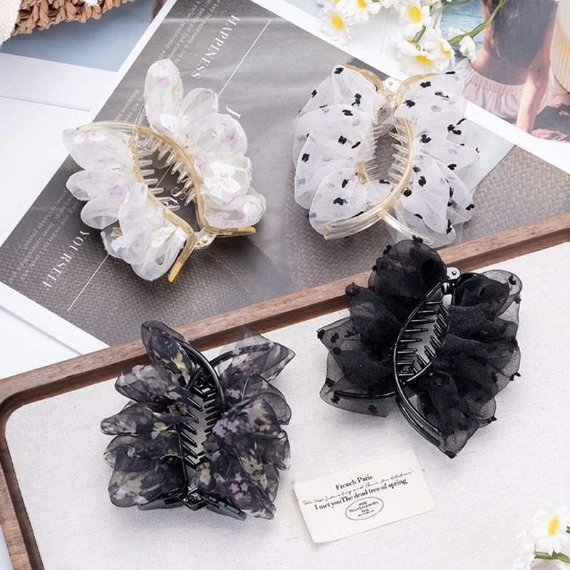 高级感印花雪纺皱抓夹女大号2024年新款发夹后脑勺盘发鲨鱼夹发饰