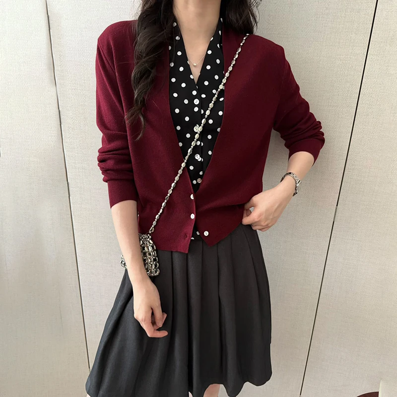 高级感拼色波点假两件小众设计感长袖针织衫女249-23956