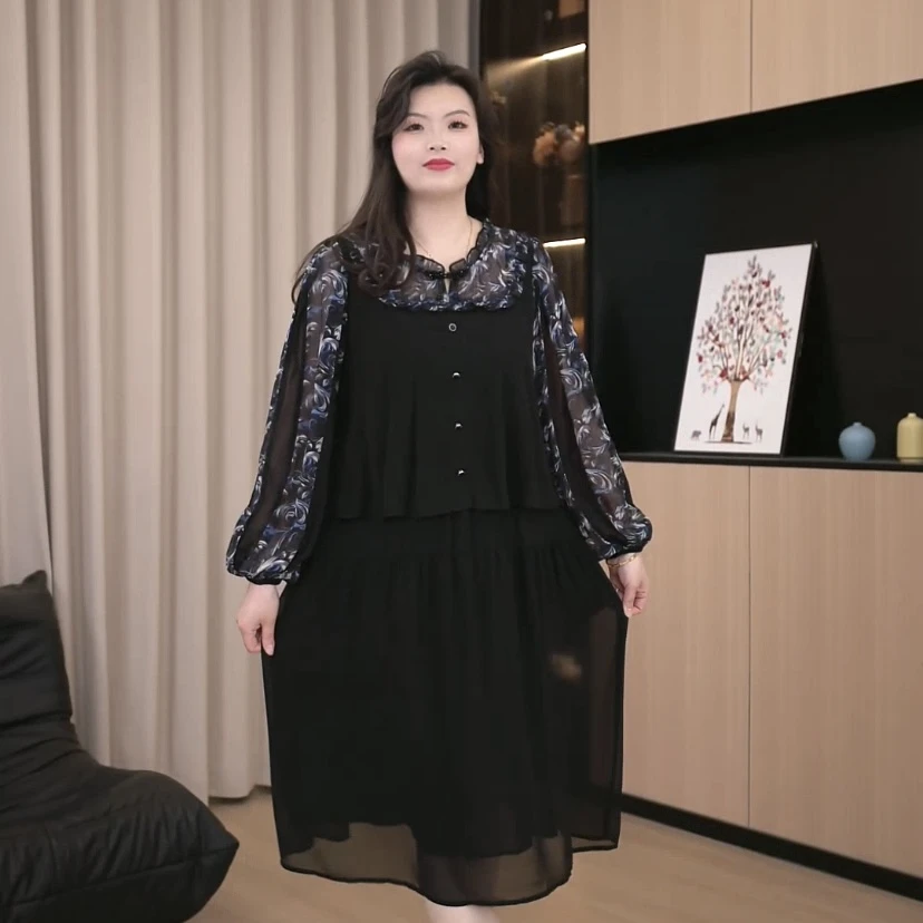 胖依依大码女装2025春季新款拼接百搭显瘦假两件长袖连衣裙241113