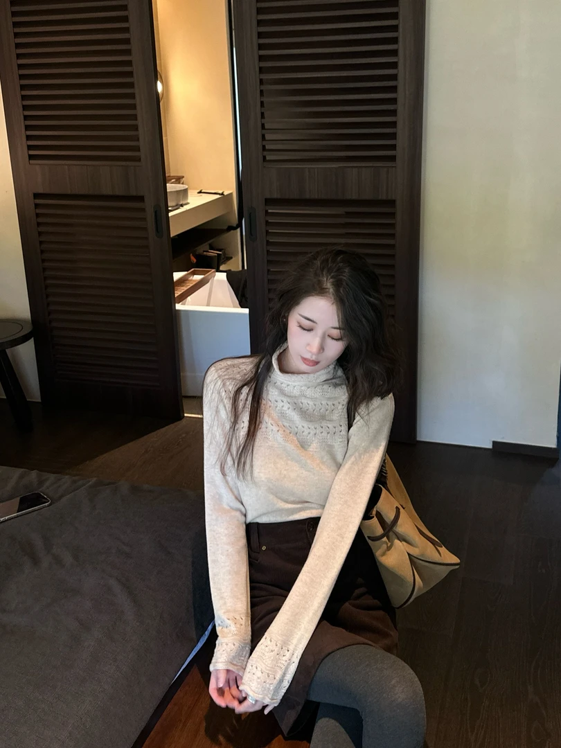 R123575W【100羊毛】休闲舒适保暖毛针织衫秋冬季打底长袖女毛衣