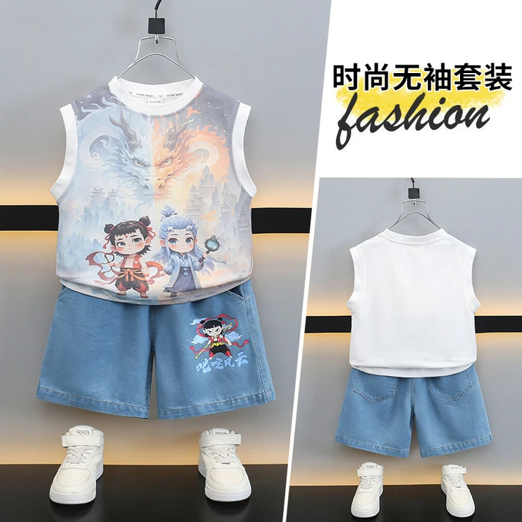 儿童夏季哪吒无袖牛仔裤套装2025新款中小童卡通休闲套装