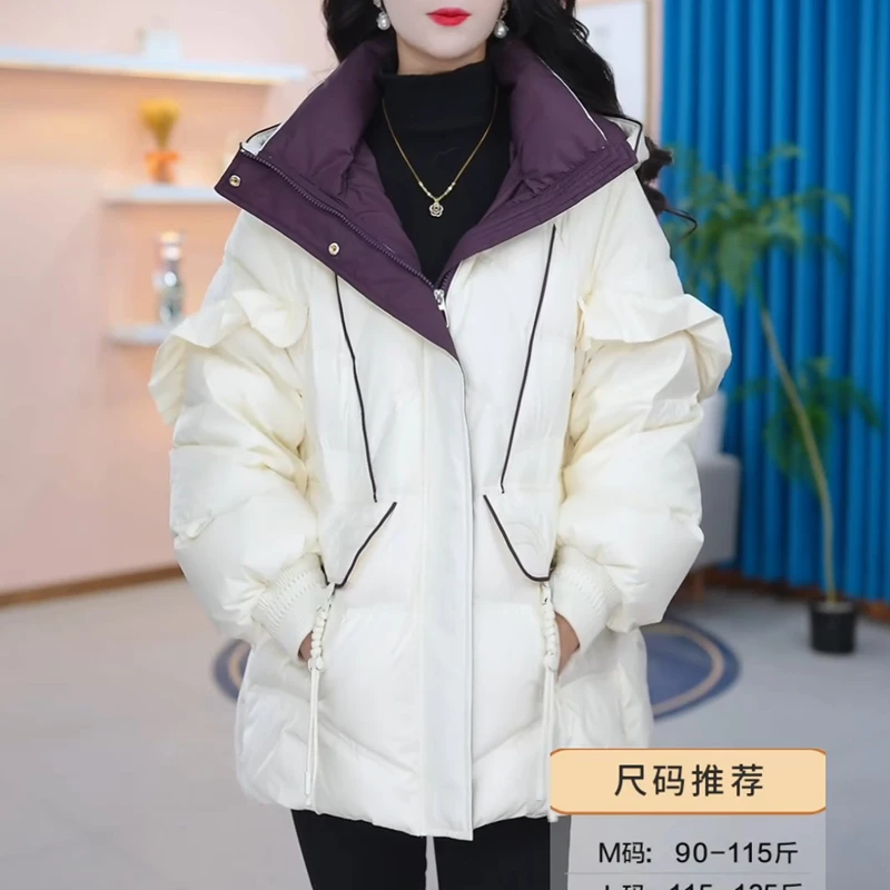 休闲时尚连帽免洗保暖羽绒服女士2025冬季韩版宽松加厚白鸭绒外套
