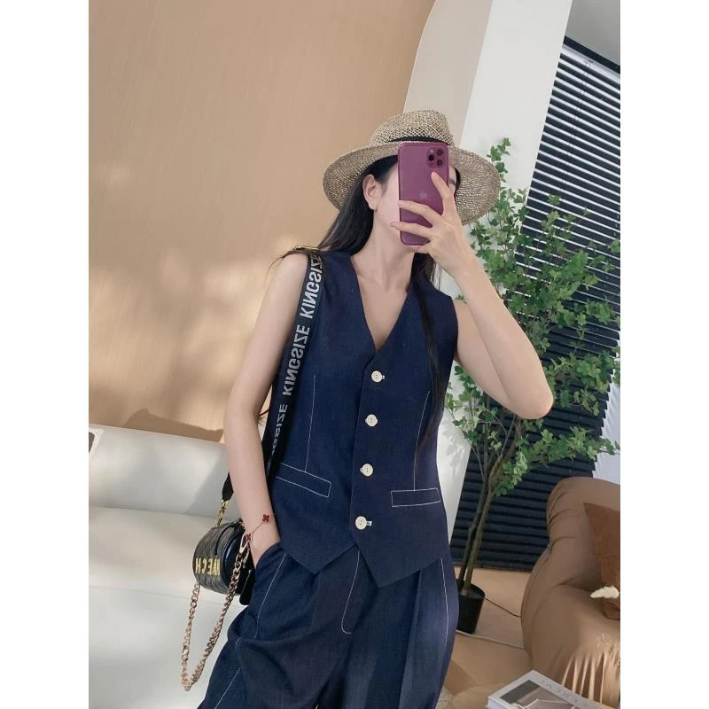 D【明线套装】明线V 领马甲+后松紧阔腿裤两件套2526