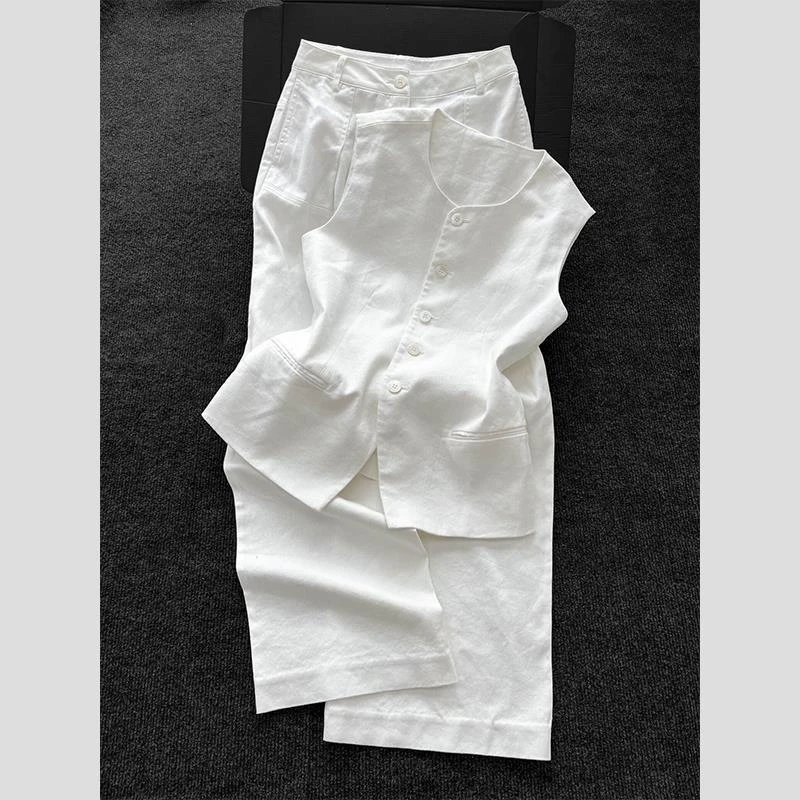 2025夏季新款高级松弛感穿搭独特漂亮小香风白色品质马夹裤子套装
