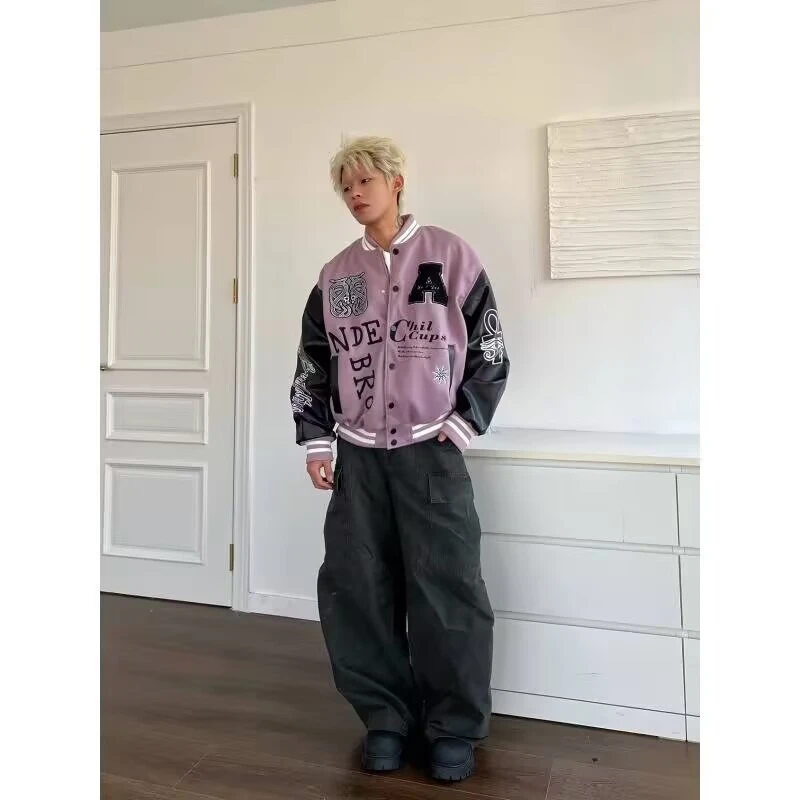 美式字母刺绣拼色棒球服外套男女宽松复古秋冬季新款高街潮牌夹克