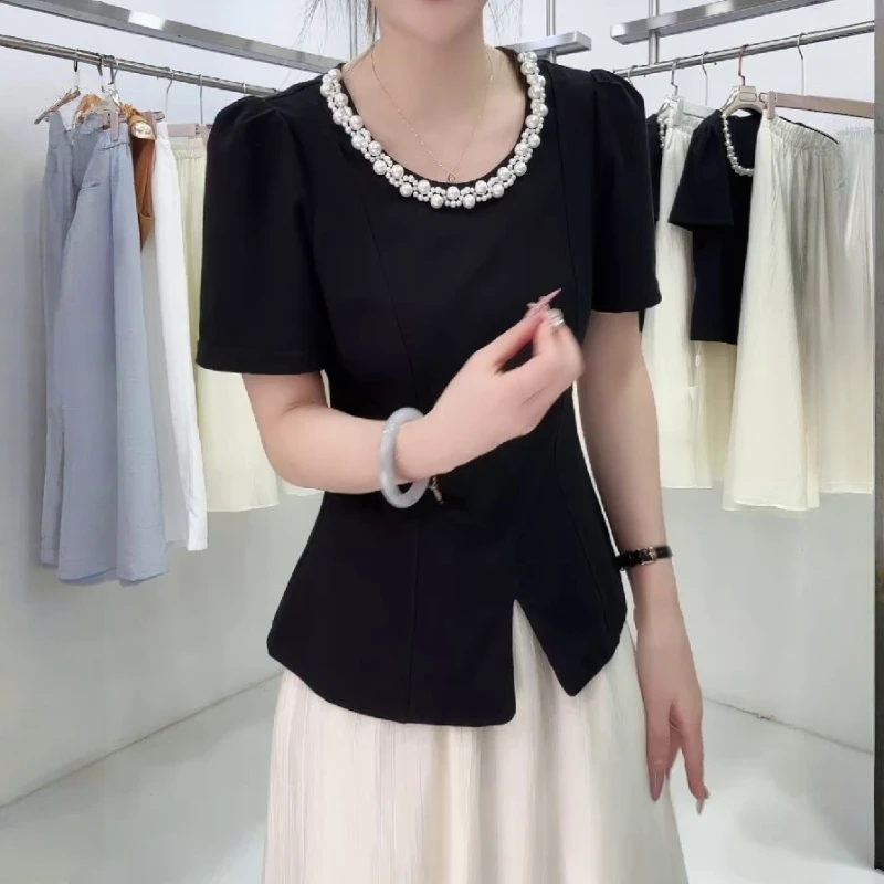 钉珠高级感短袖T恤女品质女装新款夏季出游衣服大码显瘦短款上衣