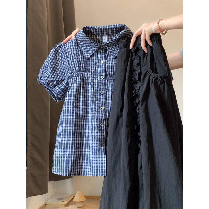 复古设计感格纹polo领衬衫女2025夏季新款木耳边百搭半身裙子套装