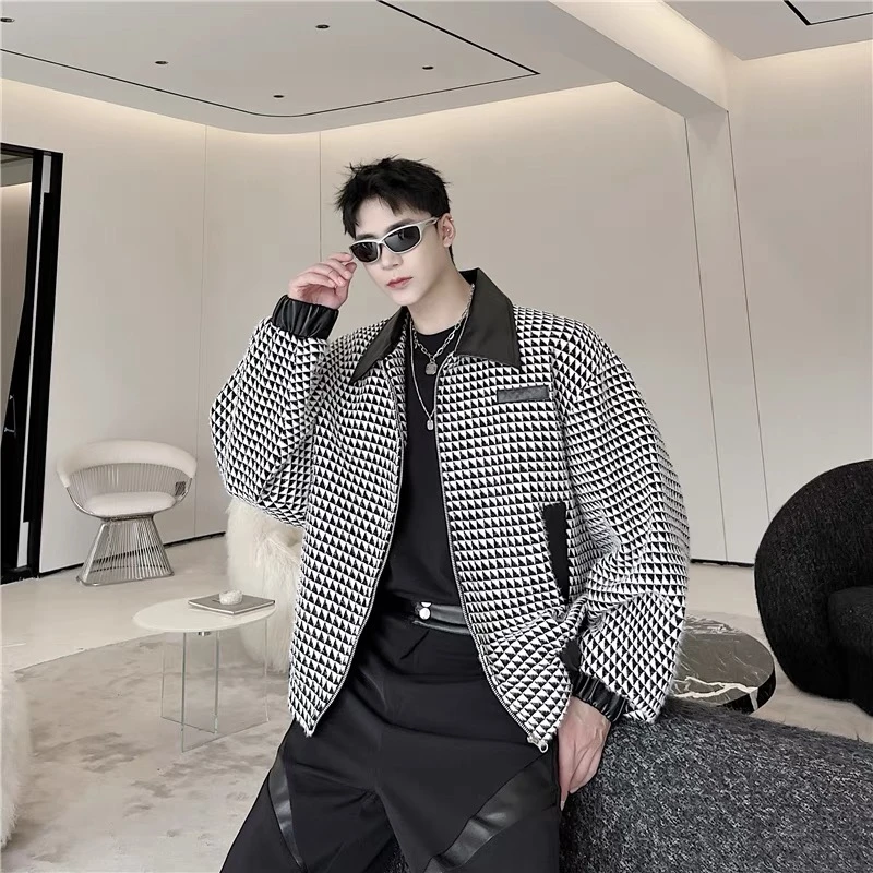 T081短款pu皮拼接黑白格花纹潮流夹克外套